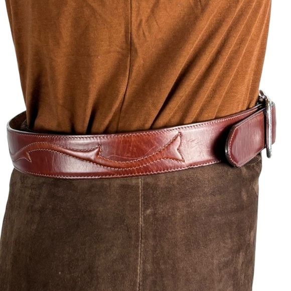 VINTAGE FLORAL ETCHED BUCKLE BROWN TOOLED LEATHER BELT WESTERN BOHO RODEO HIPPIE - Picture 5 of 11